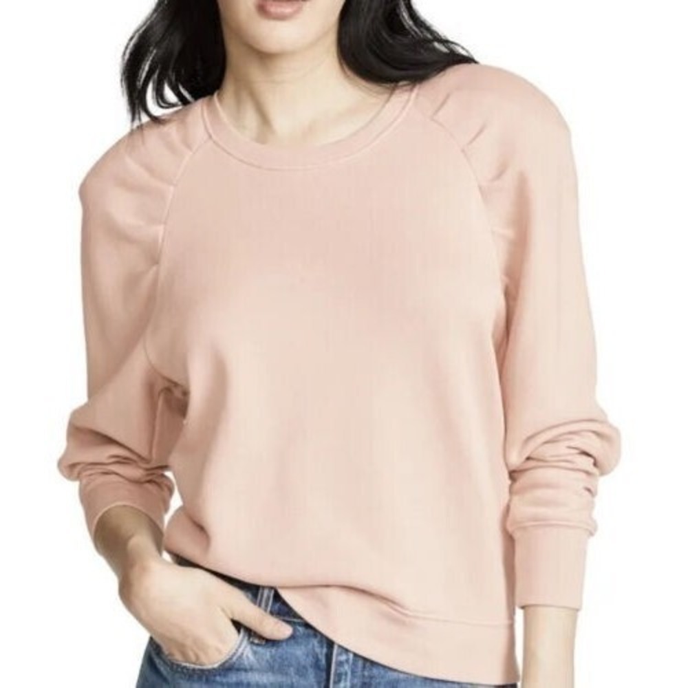 Joie Korbyn Puff-Sleeve Pima Cotton Blush Crewneck Pullover Sweatshirt Small